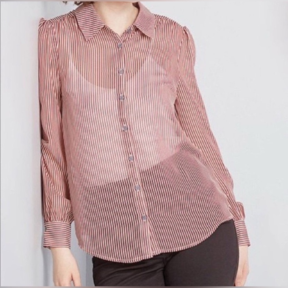 ModCloth Women's Striped Button Front Blouse Size 1X Red Cream Sheer